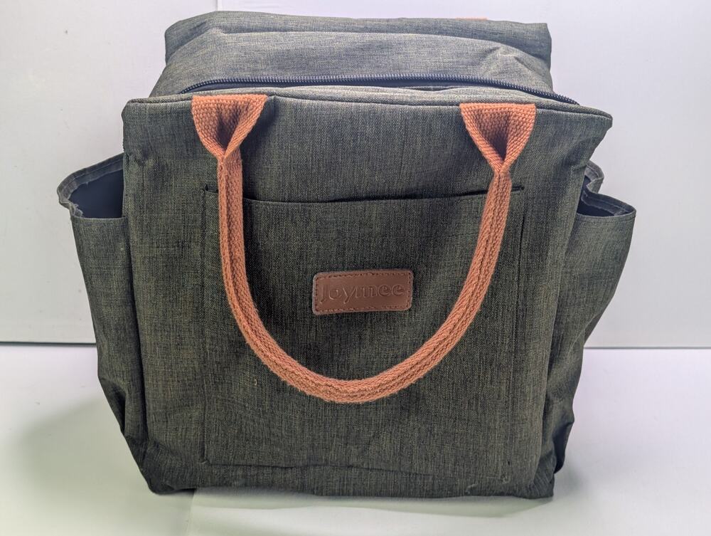 Joymee Large Insulated Lunch Bag Cooler Tote Gray Brown Handles Side Pockets